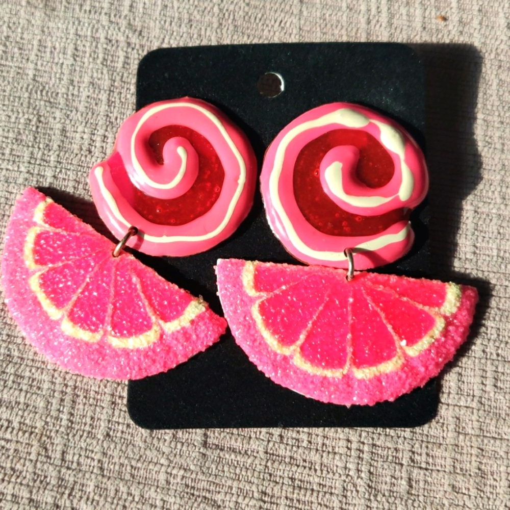 Pink Half Grapefruit / Citrus Sliced Shaped Drop Earrings